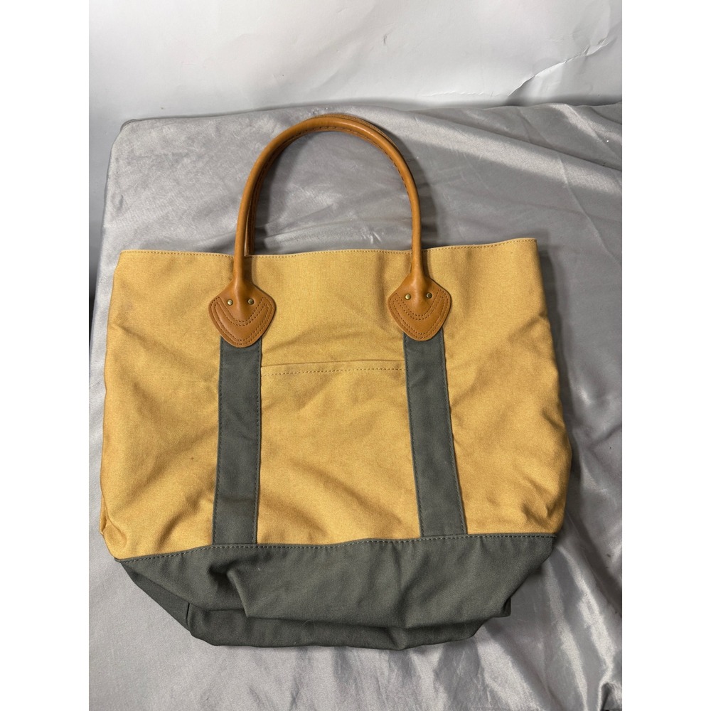 L.L. Bean Rugged Canvas Tote Bag Tan Otter Green Leather Handle Plaid Lined